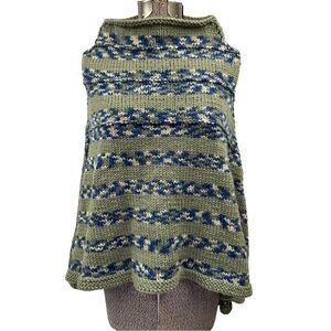 Handmade Chunky Knit Poncho Olive Green Blue Stripes Acrylic Wool Blend OS Boho